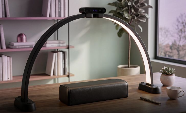 The black Half-Moon Light on a wooden desk, with the nail arm rest under the arch.