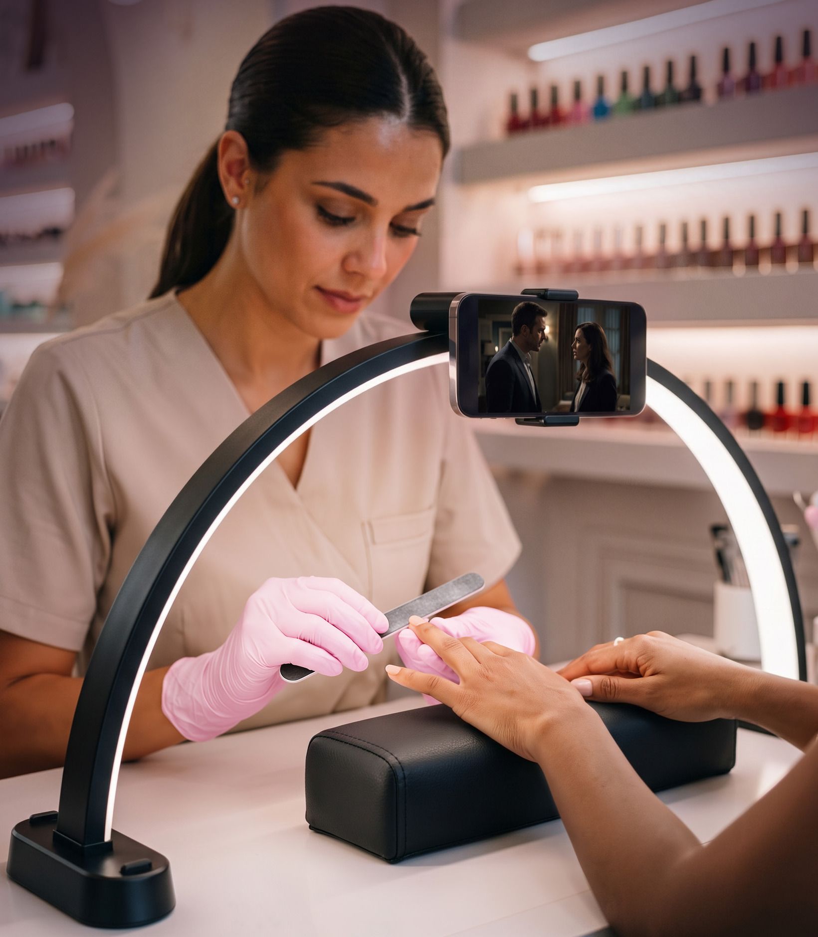A nail technician files a client's nails under the black Cosmivera Half-Moon Light. The client's hand rests on the arm rest and a phone sits in the holder on top of the arch.