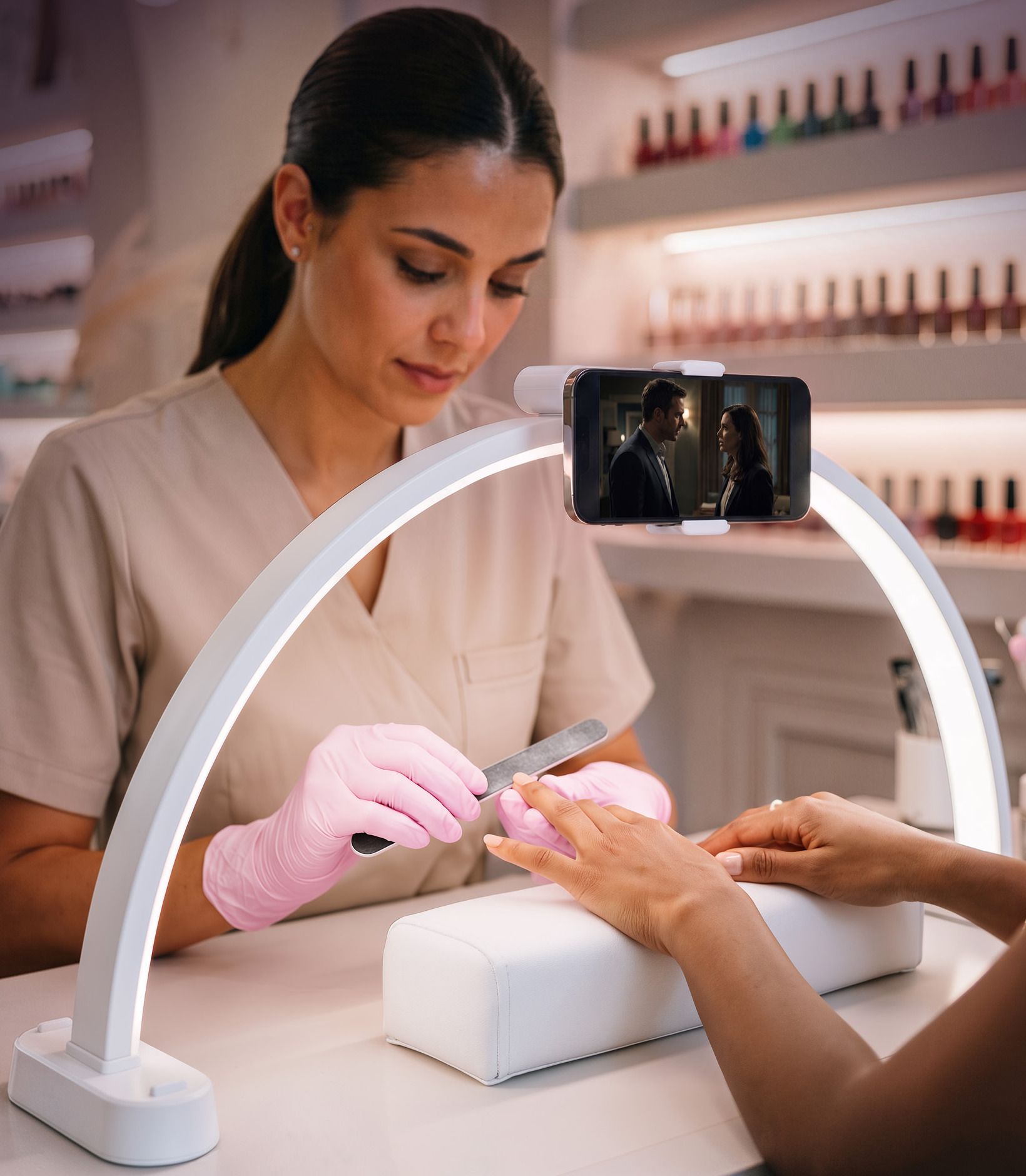 A nail technician files a client's nails under the white Cosmivera Half-Moon Light. The client's hand rests on the arm rest and a phone sits in the holder on top of the arch.