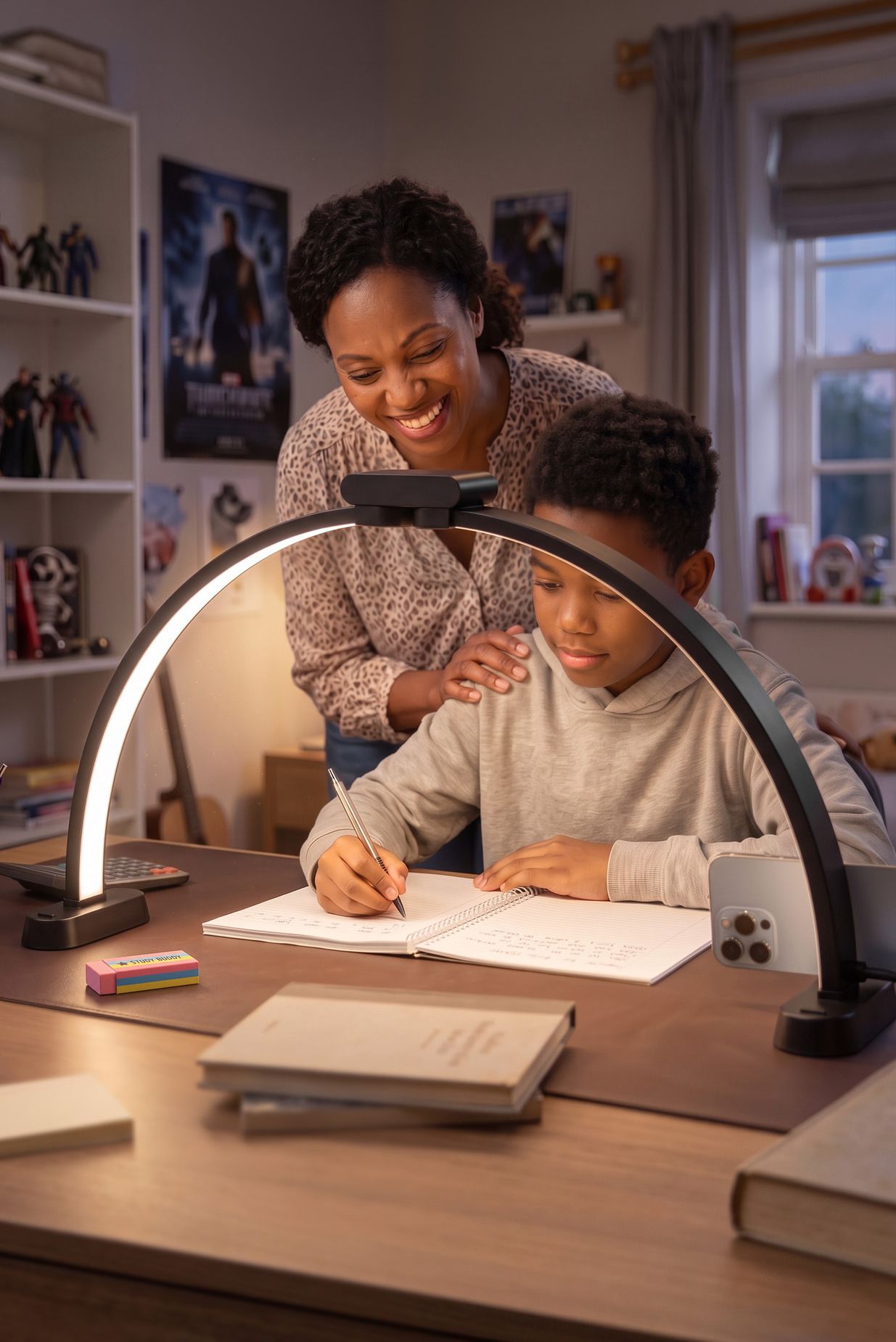 An adult and a child do homework at a desk under the black Half-Moon Light.